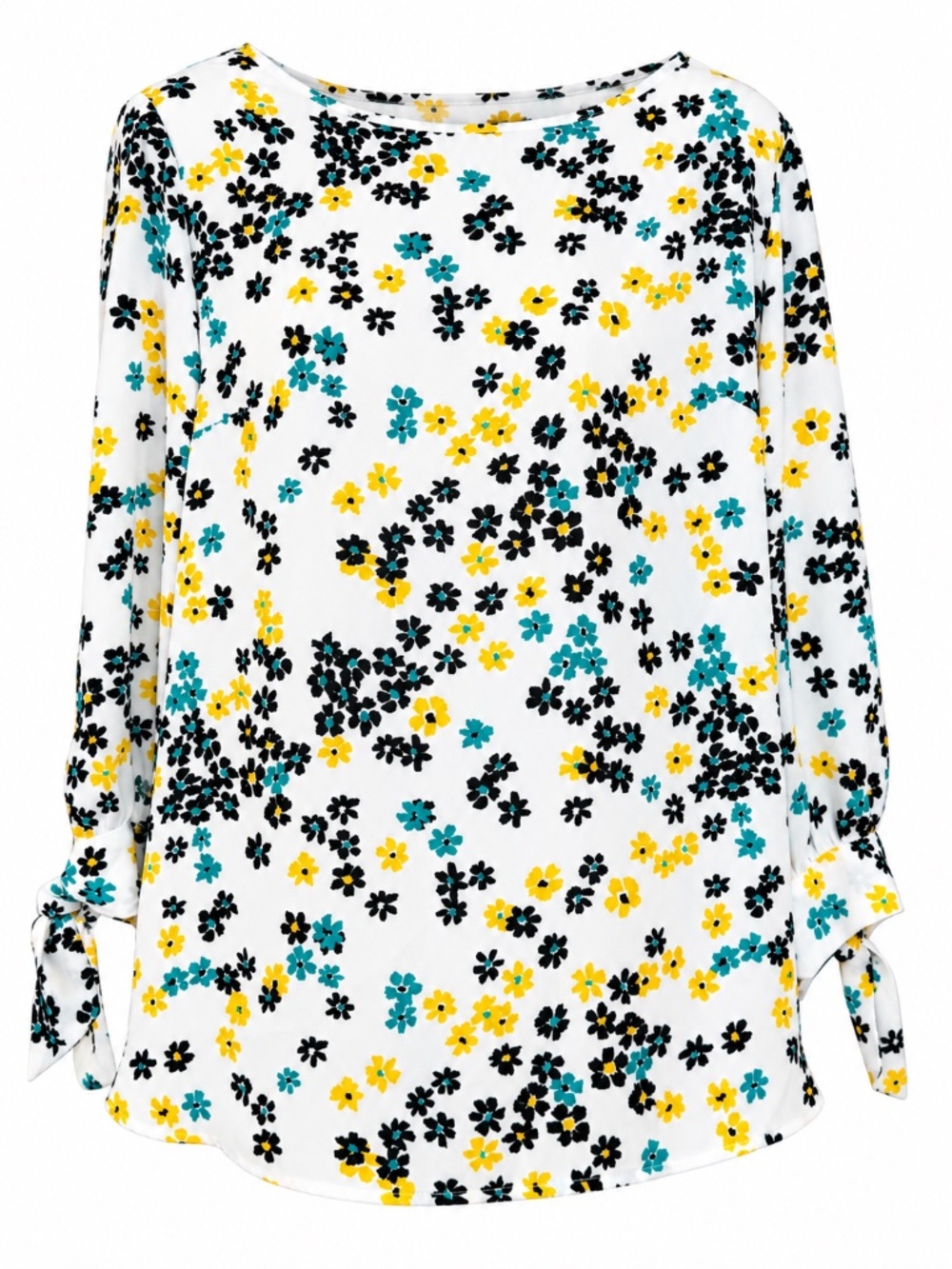 Nine West Floral Blouse M White Teal Yellow Black Tie Cuff 3/4 Sleeves Keyhole